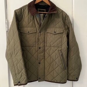 J Crew Barn Coat, Quilted, Olive with brown corduroy collar & trim, Sz M.